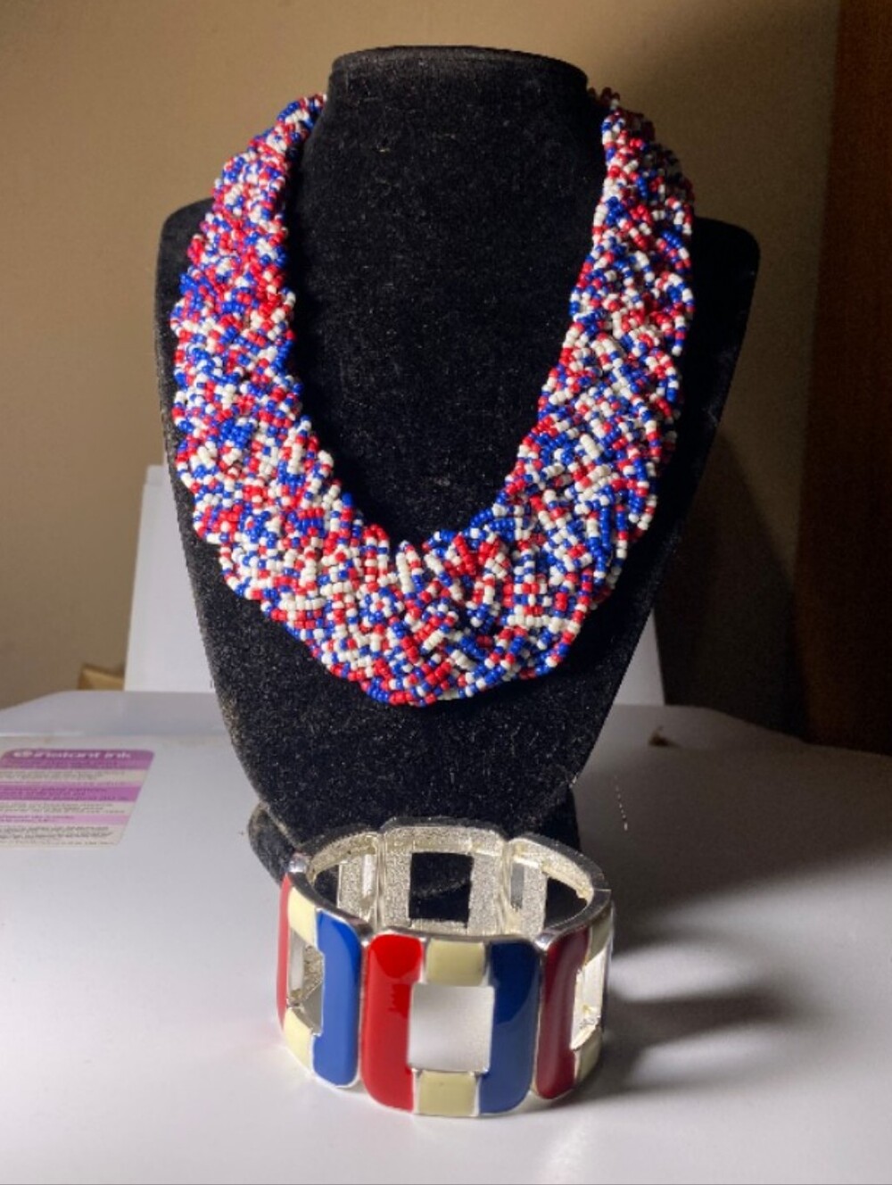 Handmade Red, White & Blue Sead Bead Necklace with Matching Stretch Bracelet